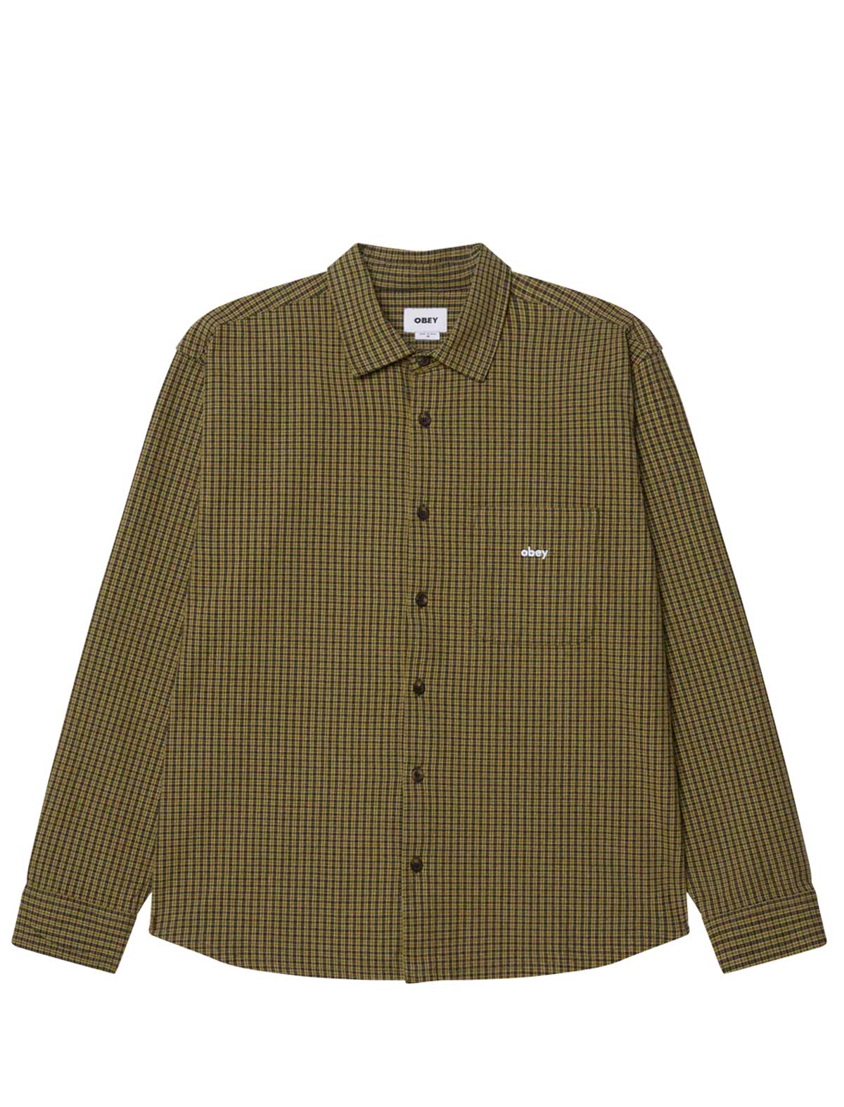 Green checkered shirt with a brand logo on a white background