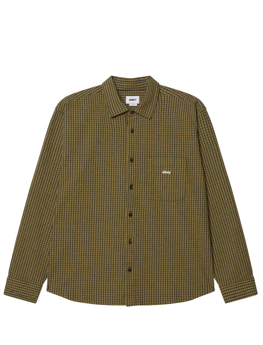 Green checkered shirt with a brand logo on a white background