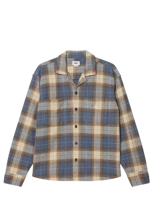 Plaid shirt with blue and beige pattern on a white background