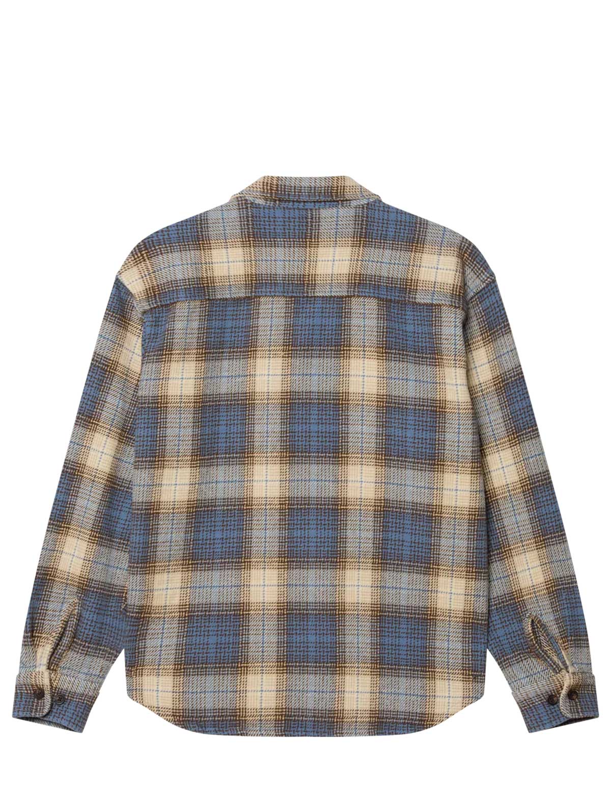 Plaid shirt with blue and beige pattern on a white background