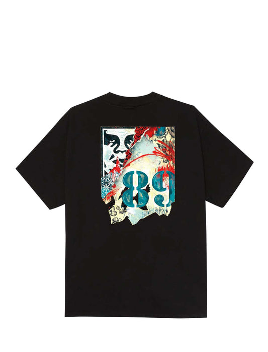 obey lisbon icon Black t-shirt with a colorful graphic design on the back against a white background