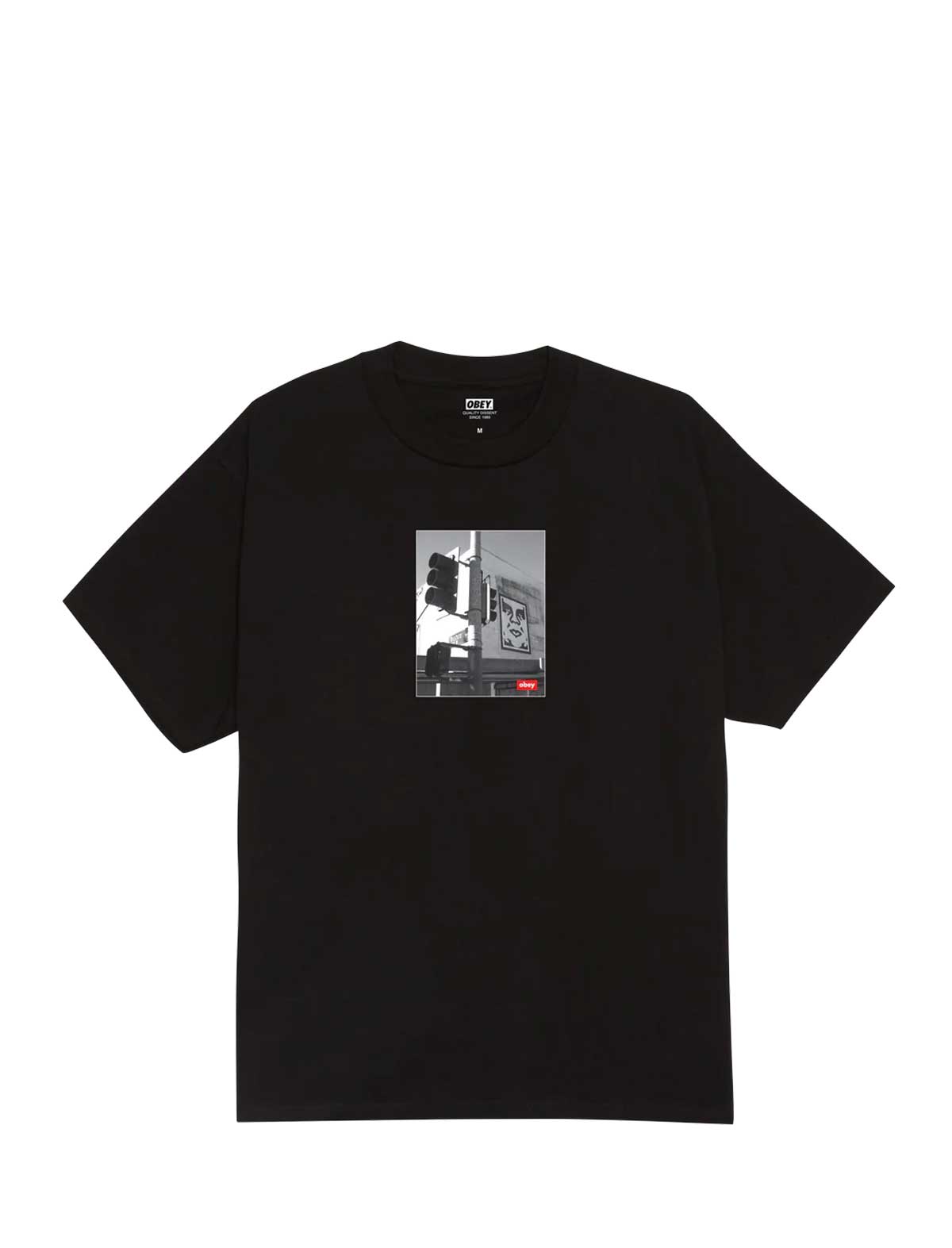 Black Obey t-shirt with a Sheperd Fairey graphic design on a white background