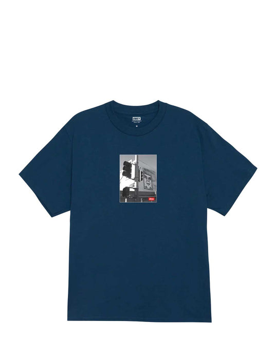 Obey Los Angeles Photo Navy blue t-shirt with a small graphic on the chest against a white background