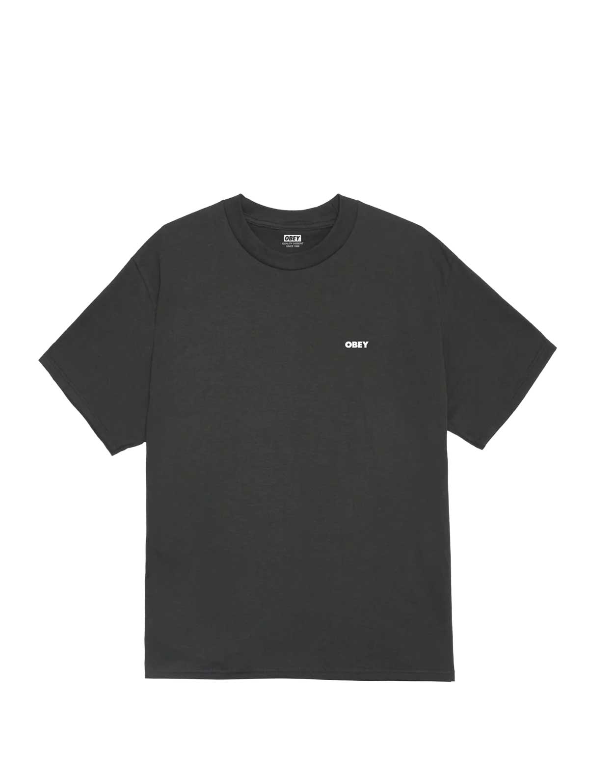 Black t-shirt with a small logo on a white background