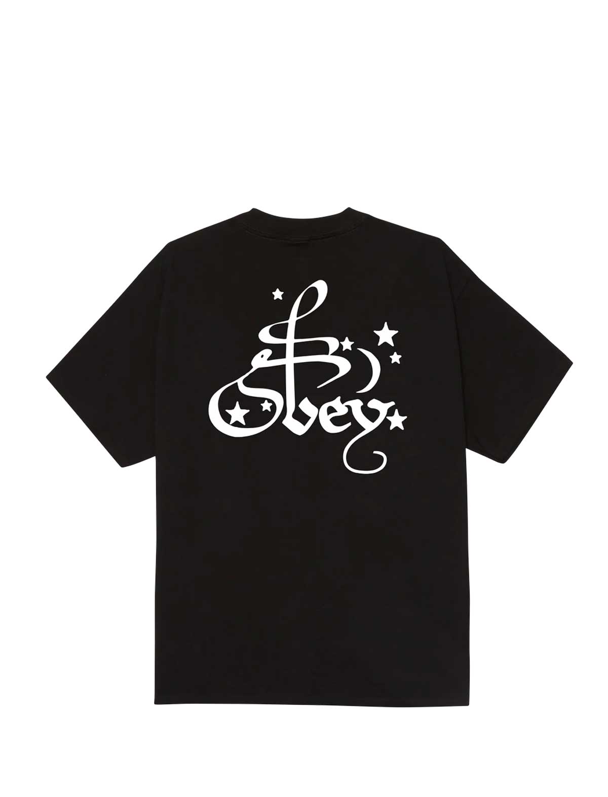 obey moon and stars Black t-shirt with white 'Obey' logo on the back against a white background