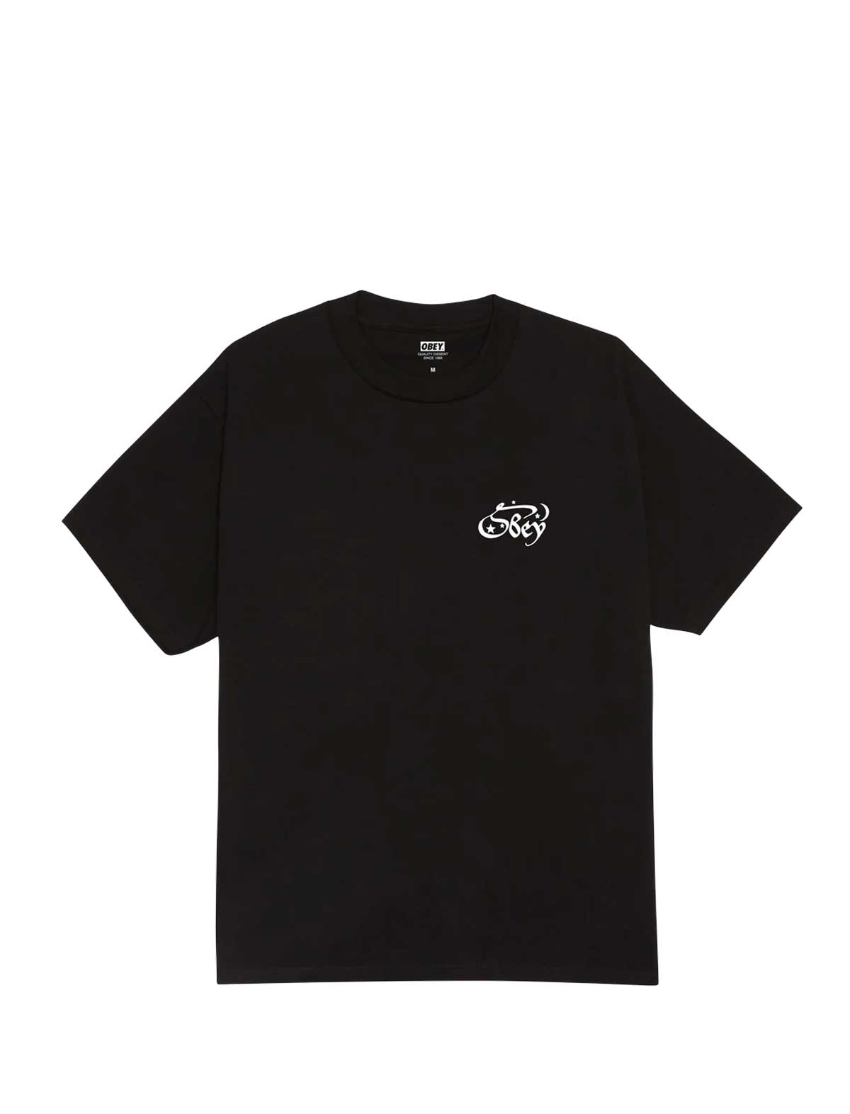 obey moon and stars Black t-shirt with a small white logo on a white background