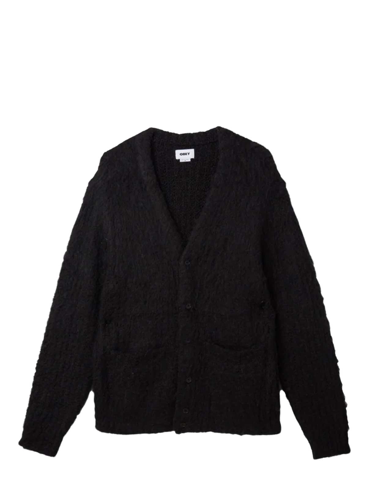 A black textured knit cardigan sweater with a V-neck, button closure, and front pockets, shown flat on a white background.