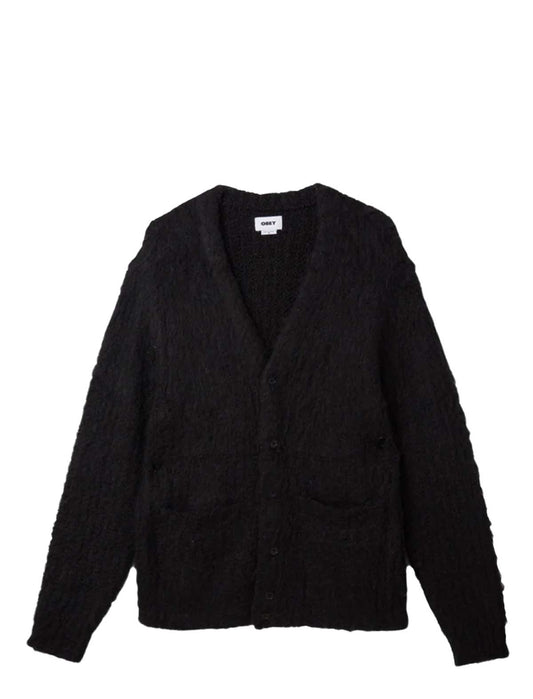 A black textured knit cardigan sweater with a V-neck, button closure, and front pockets, shown flat on a white background.
