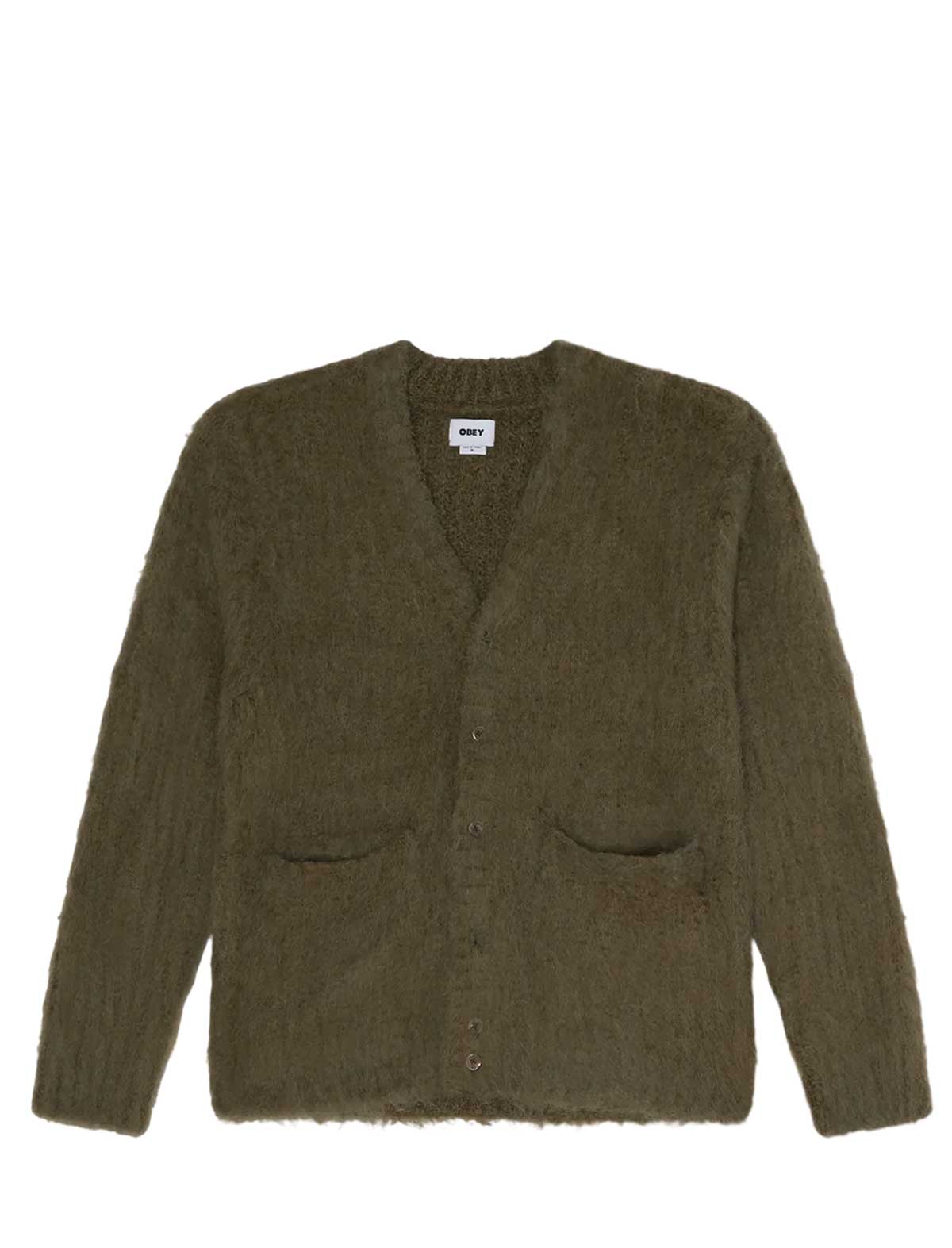 An Obey olive green fuzzy button-up cardigan sweater with front pockets, laid flat against a white background.