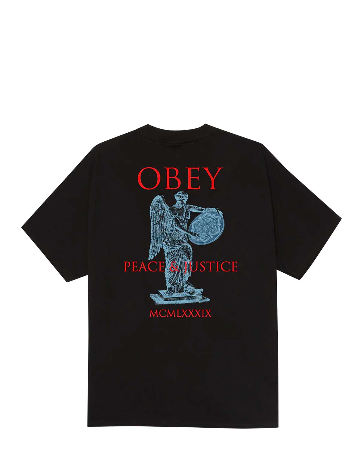 Black t-shirt with 'OBEY' and angel graphic on a white background