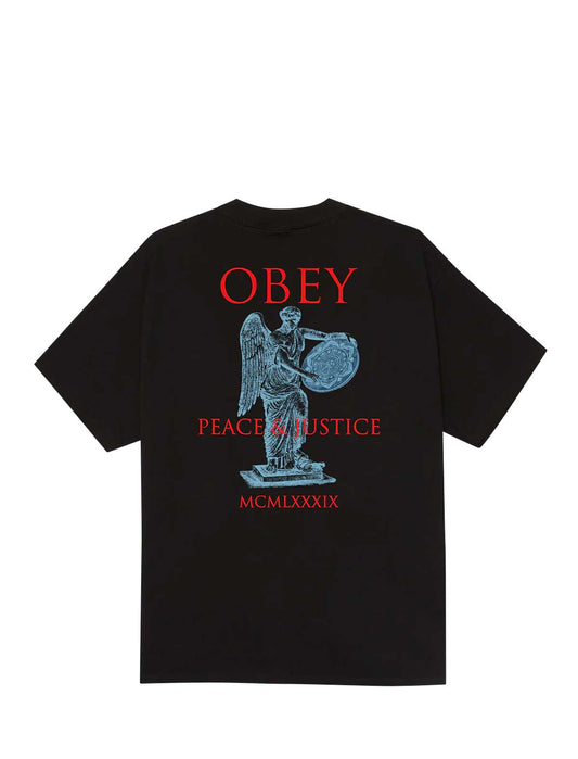 Black t-shirt with 'OBEY' and angel graphic on a white background