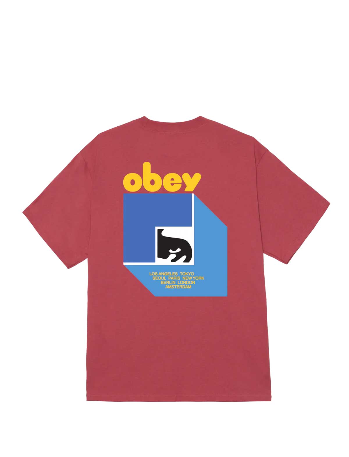 Red t-shirt with 'obey' logo on a white background