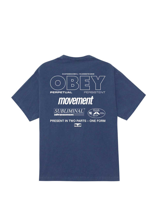obey persistent movement Blue t-shirt with white text on a white background