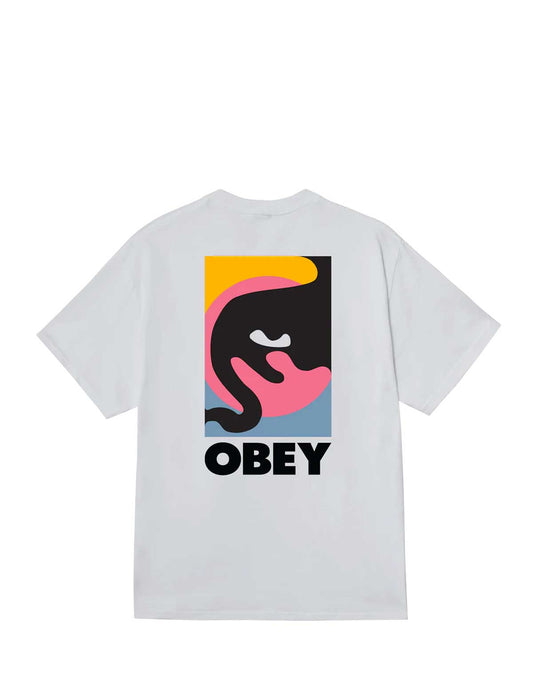 obey quarter icon White t-shirt with colorful graphic design and 'OBEY' logo on a white background