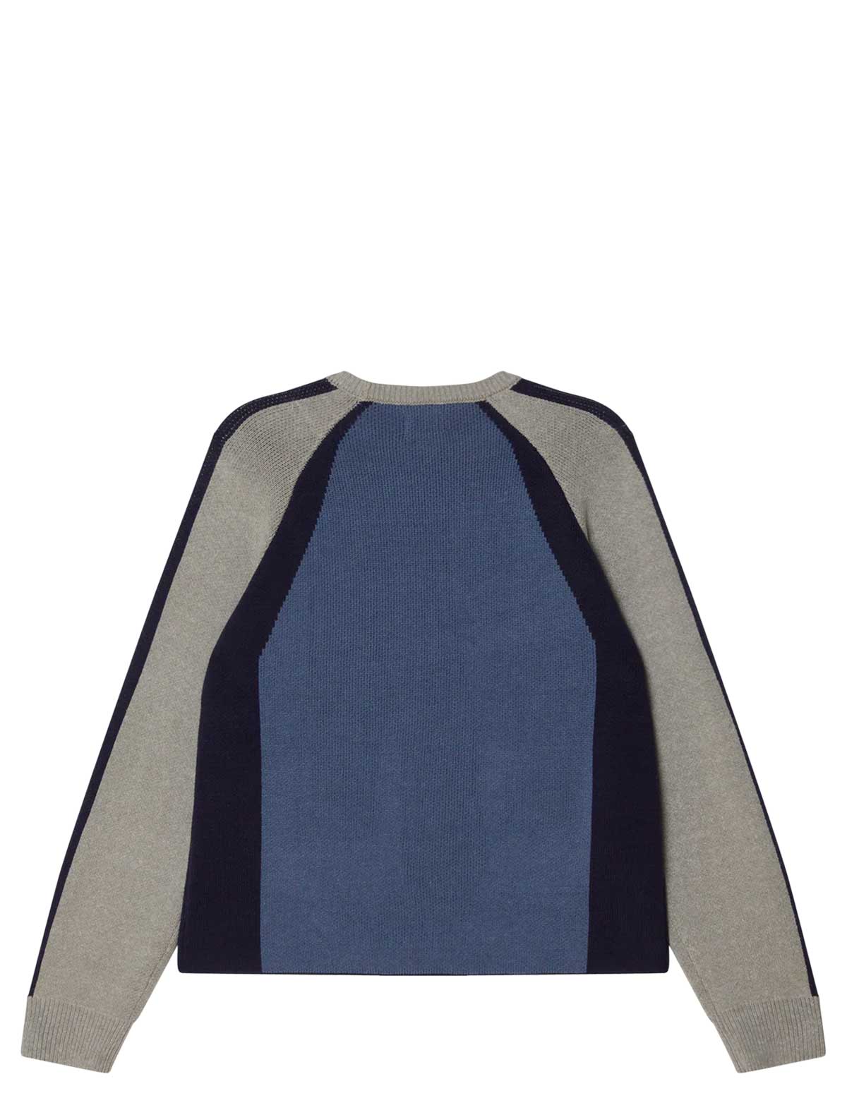 Long-sleeve shirt with blue and gray color block design on a white background