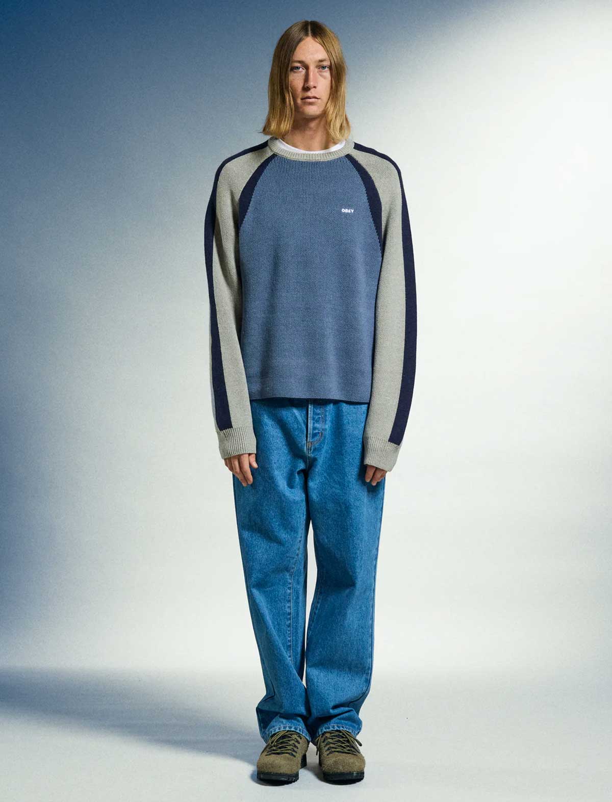 Obey Raglan Crew Neck Sweater Dull Blue Multi