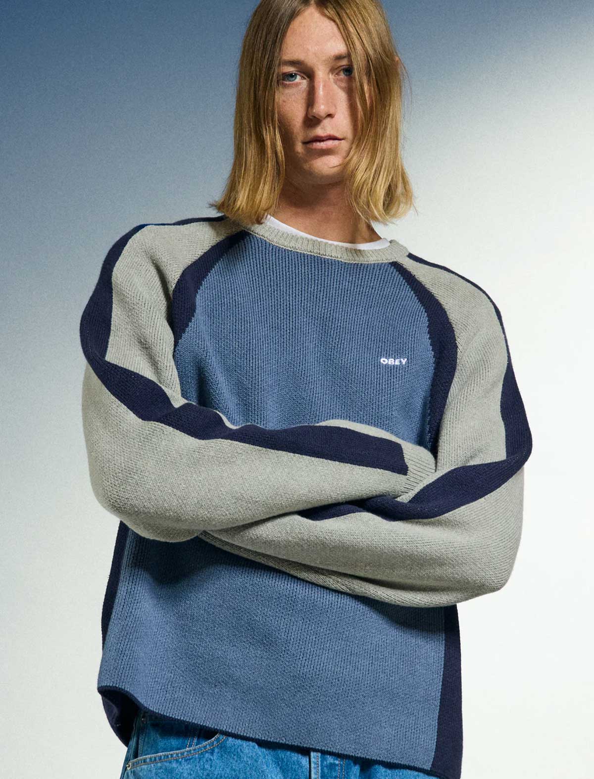 Obey Raglan Crew Neck Sweater Dull Blue Multi
