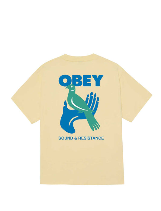 Beige t-shirt with 'Obey' logo and green dove design on a white background