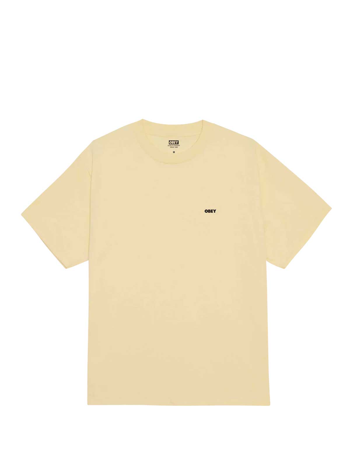 Beige t-shirt with a brand logo on a white background