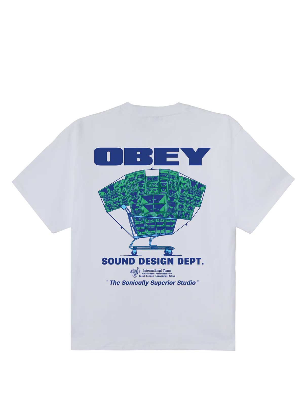 White t-shirt with 'OBEY' logo and graphic design on a white background