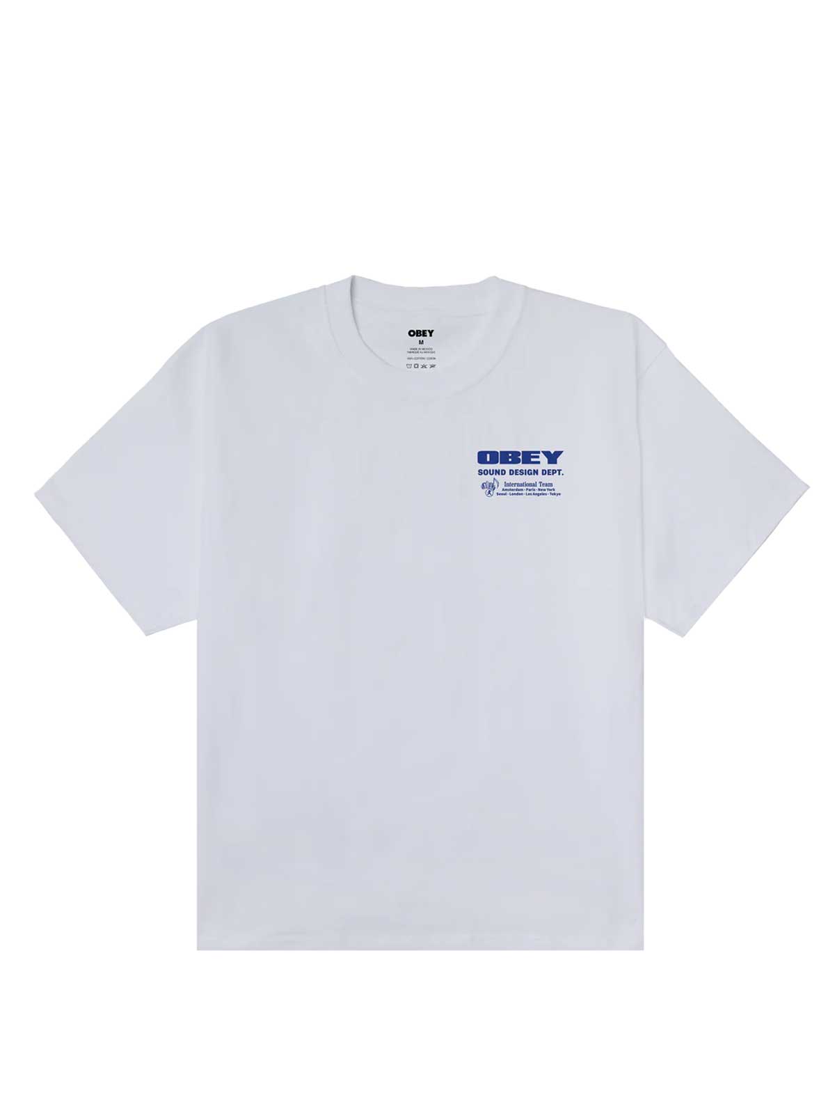 White t-shirt with blue text on a white background