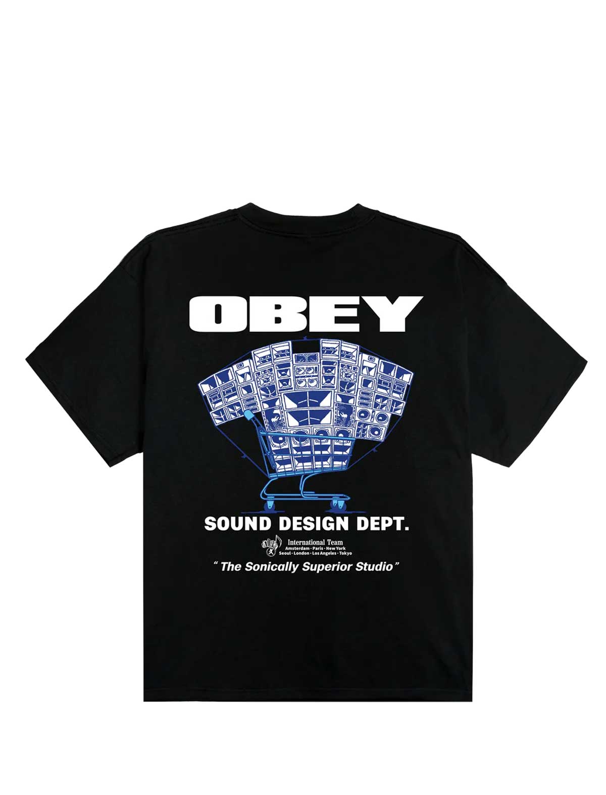 Black t-shirt with 'OBEY' and sound design graphic on a white background