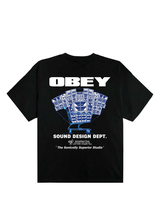 Black t-shirt with 'OBEY' and sound design graphic on a white background