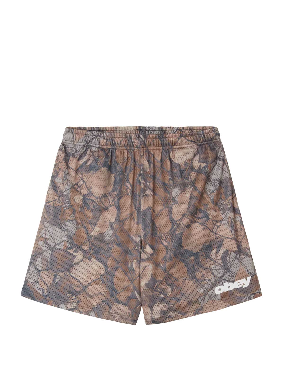 camouflage mesh shorts with Obey written on them on a white background