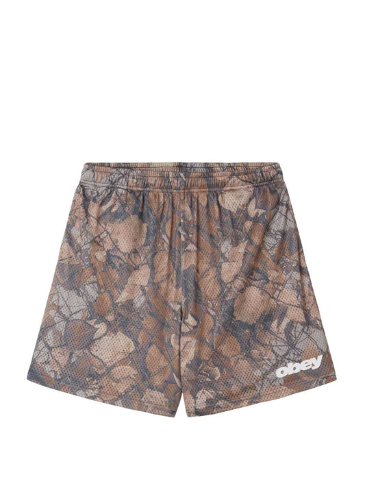 camouflage mesh shorts with Obey written on them on a white background