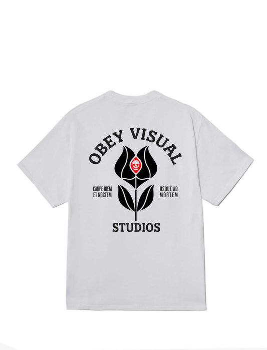 Obey White t-shirt with black graphic design and text on a white background