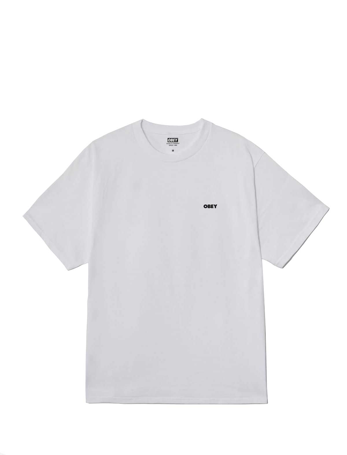 White t-shirt with a small black logo on a white background