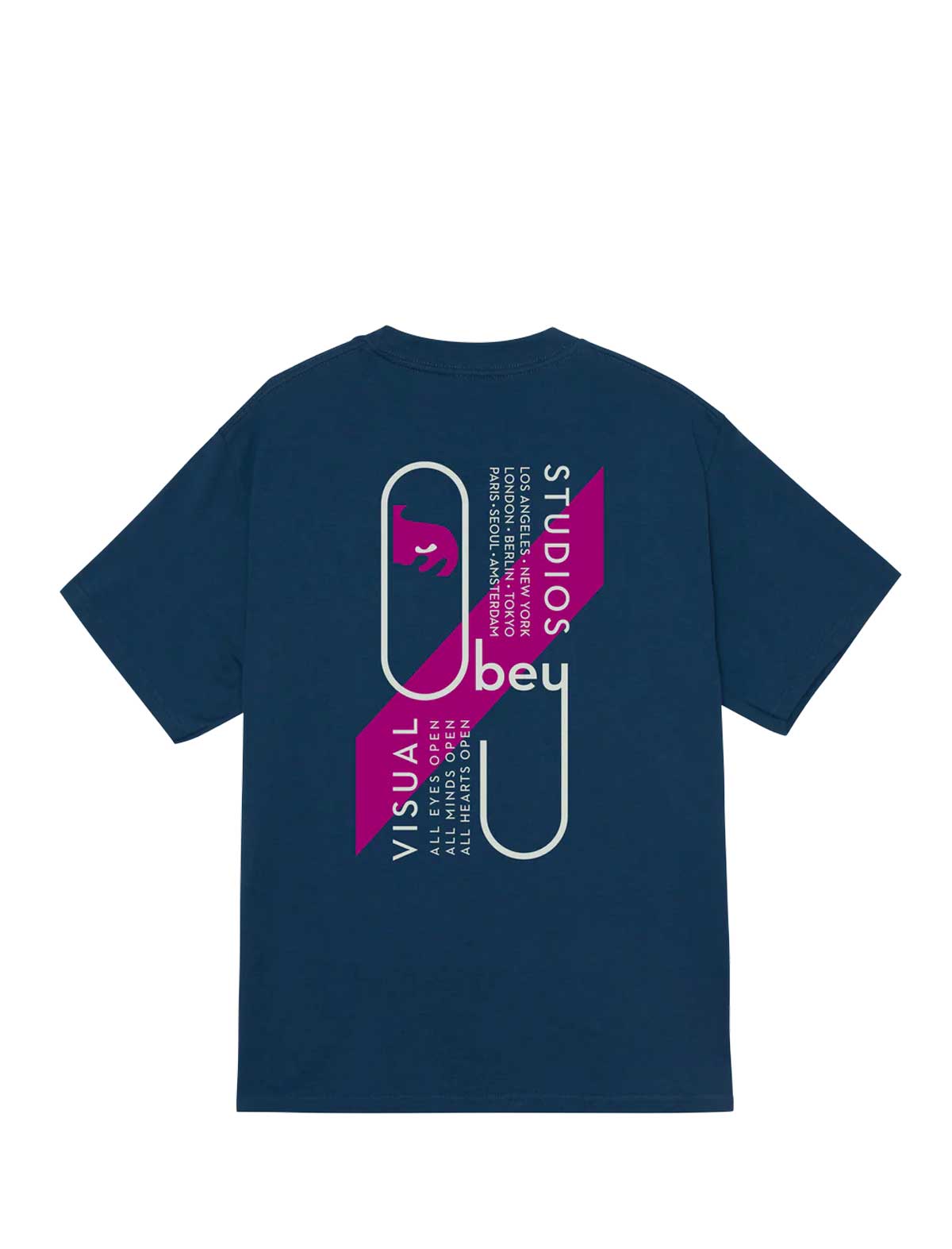 Obey Visual Studios Navy blue t-shirt with pink and white graphic design on a white background