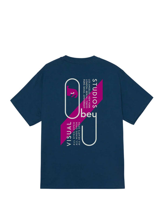 Obey Visual Studios Navy blue t-shirt with pink and white graphic design on a white background