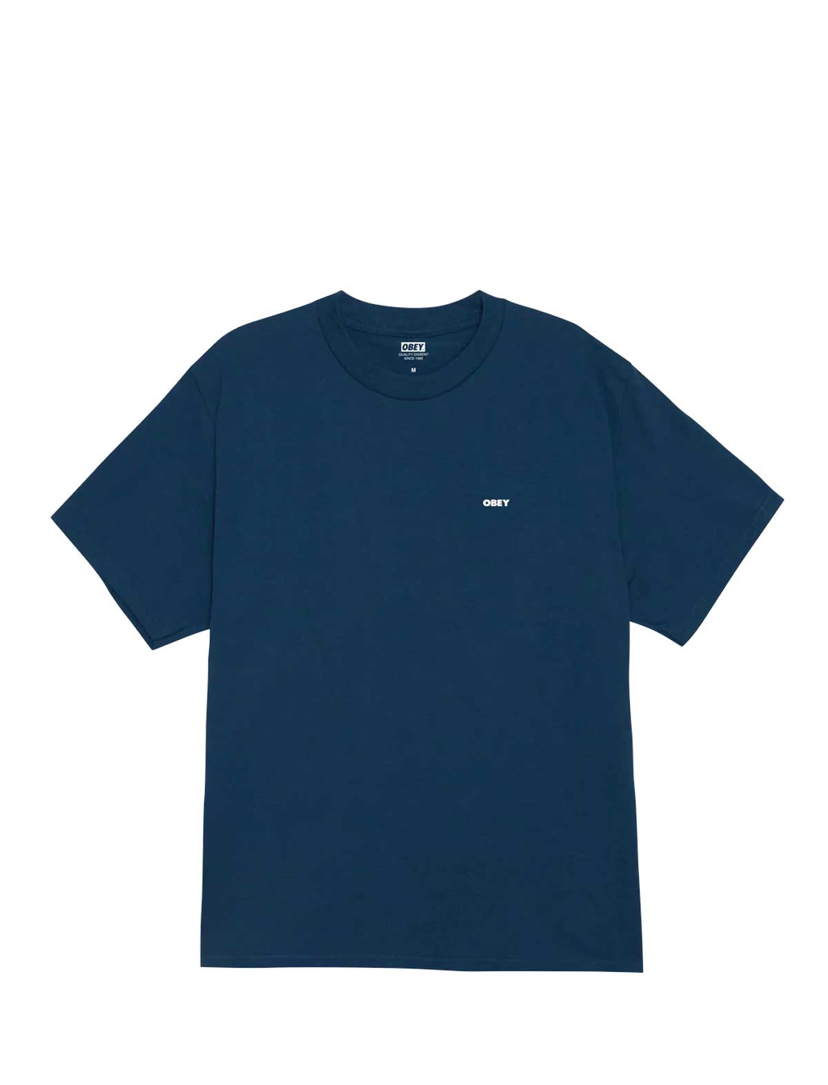 Navy blue t-shirt with a small white Obey logo on a white background