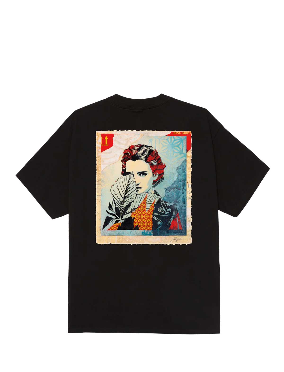 Black t-shirt with a colorful graphic design on the back featuring a stylized portrait and leaves.
