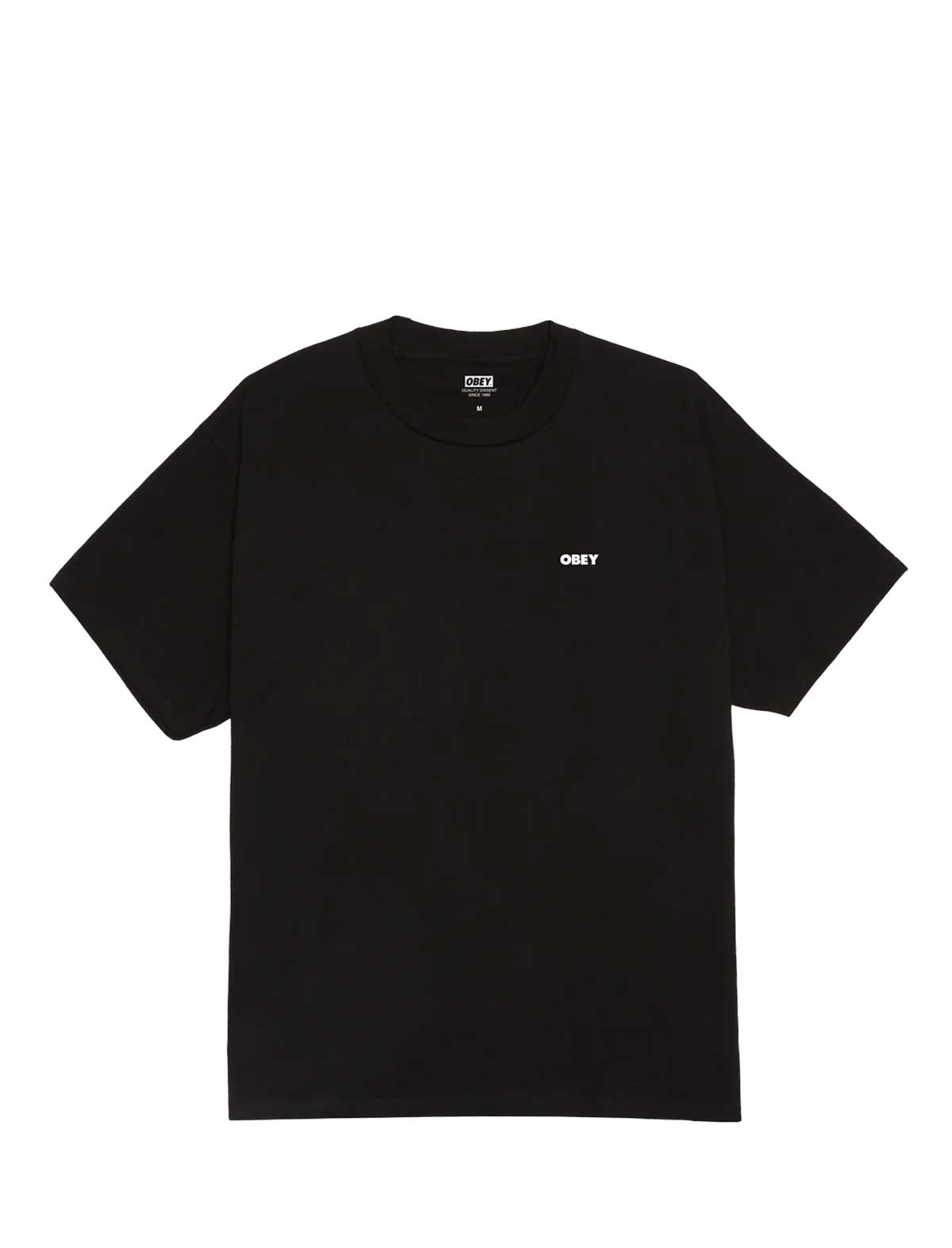 Black t-shirt with a small logo on a white background