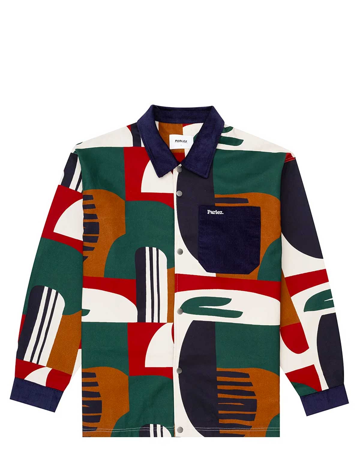 The Parlez Bolt Jacket in Multi, front view, showing the all-over geometric colour-block print in cream, forest green, rust orange, and red, with a navy corduroy spread collar and chest pocket bearing a woven Parlez tab.