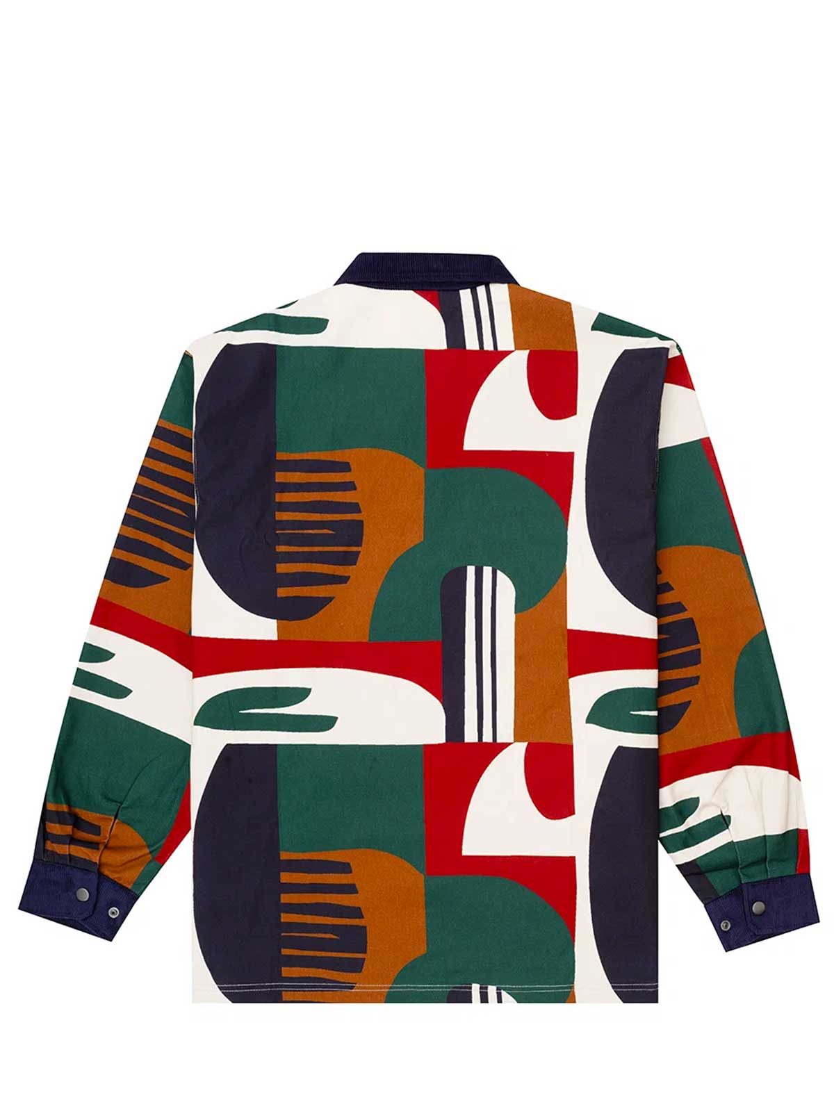 The Parlez Bolt Jacket in Multi, back view, showing the all-over geometric colour-block print across the back and sleeves, finished with navy corduroy cuffs.