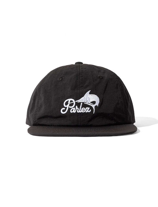 Black cap parlez catch 6 panel cap with white logo on a white background
