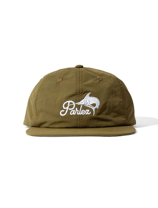 parlez catch Olive green cap with a white logo on a white background