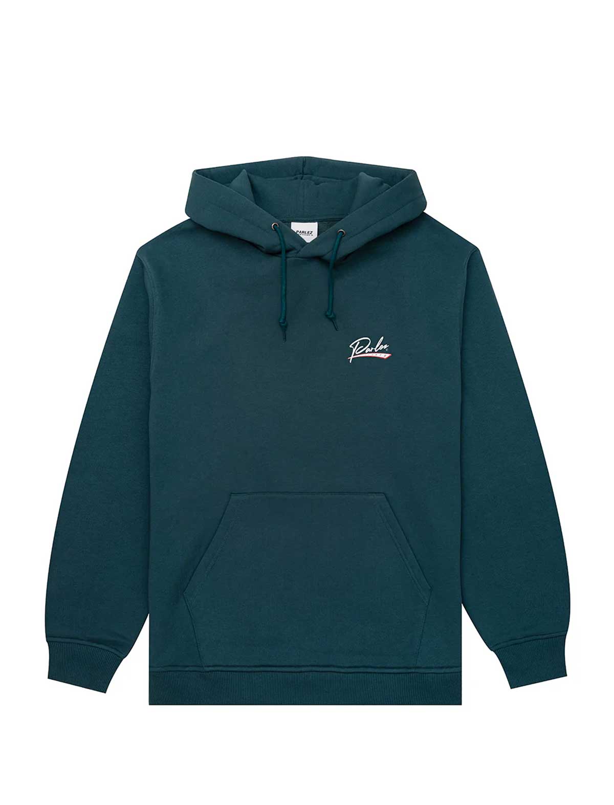 Parlez Chisel Hoodie with small Parlez graphic on chest on a white background