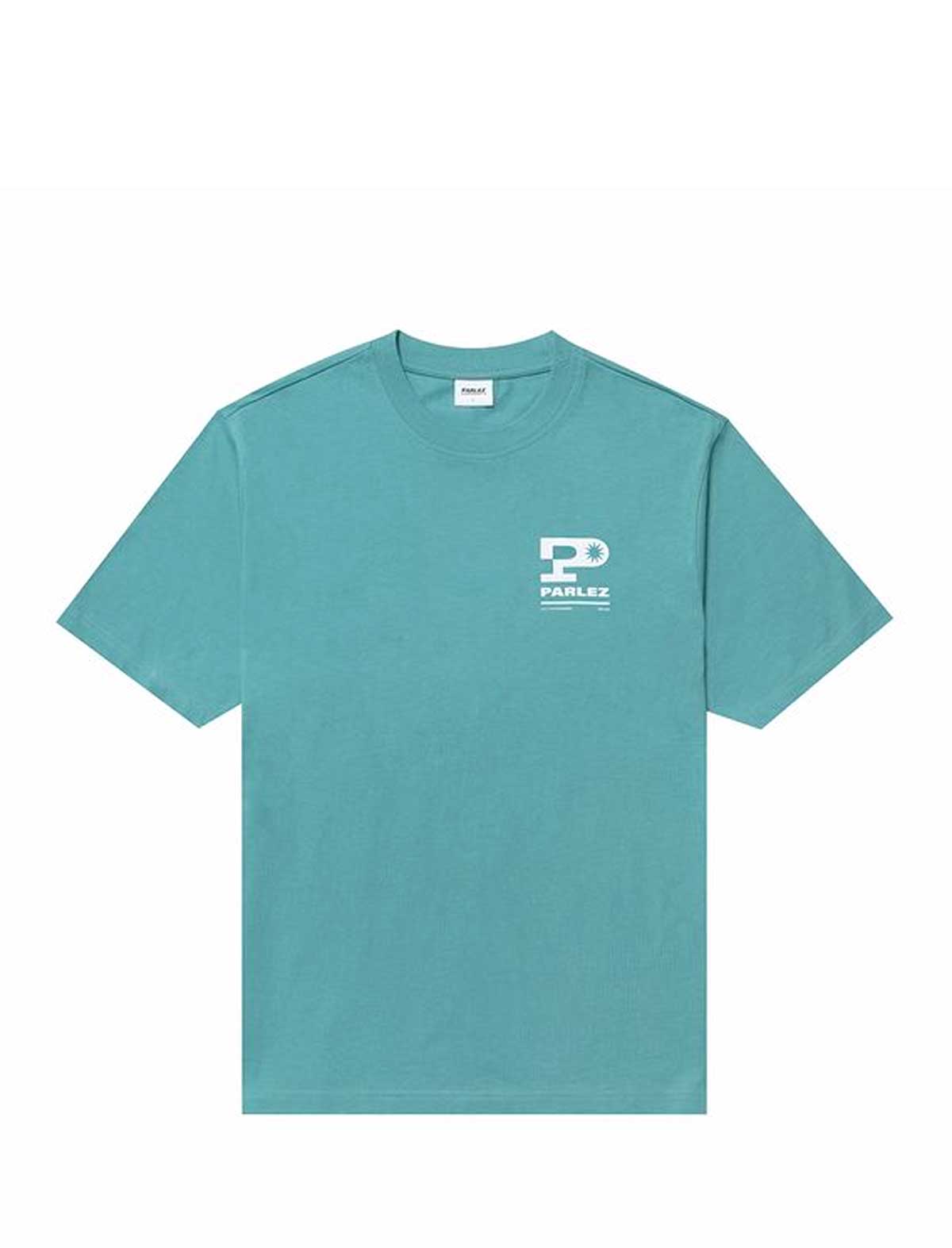 parlez complex Teal t-shirt with a logo on a white background