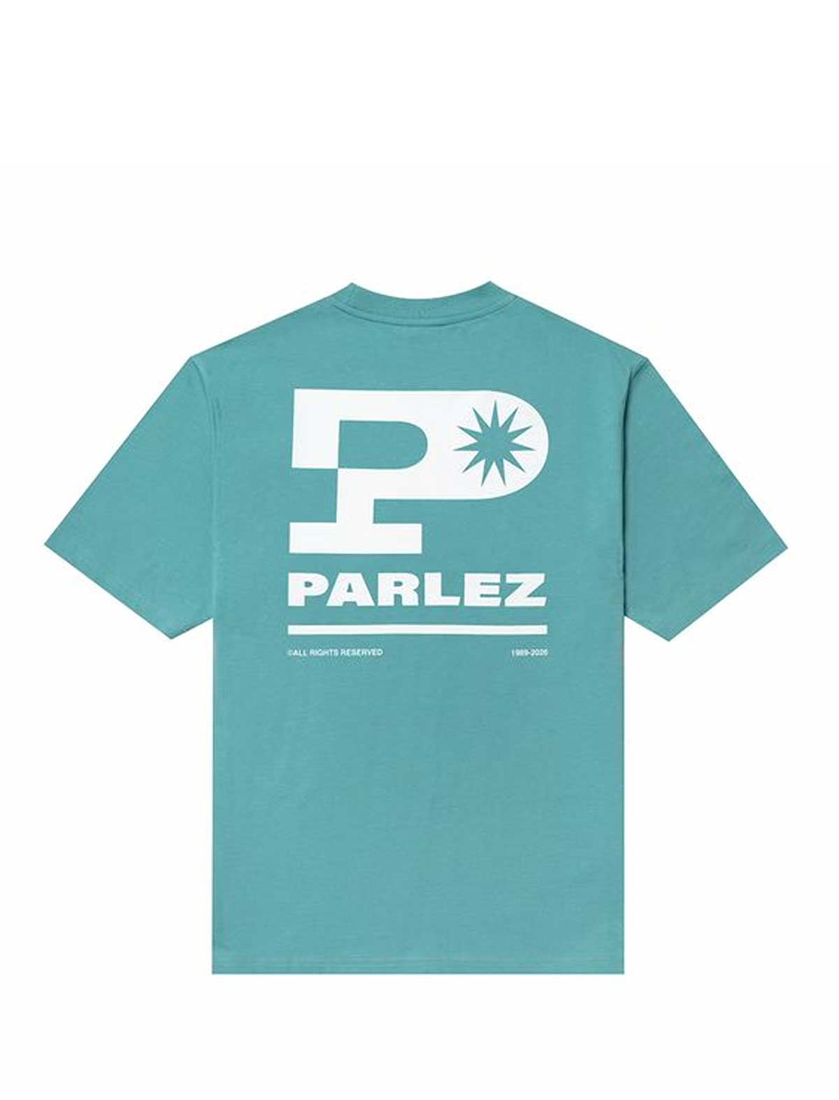 parlez complex Teal t-shirt with 'PARLEZ' logo on the back against a white background