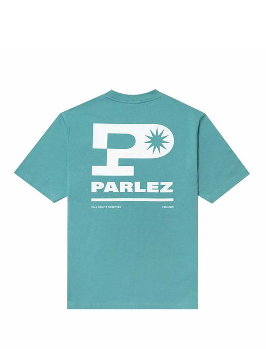 parlez complex Teal t-shirt with 'PARLEZ' logo on the back against a white background