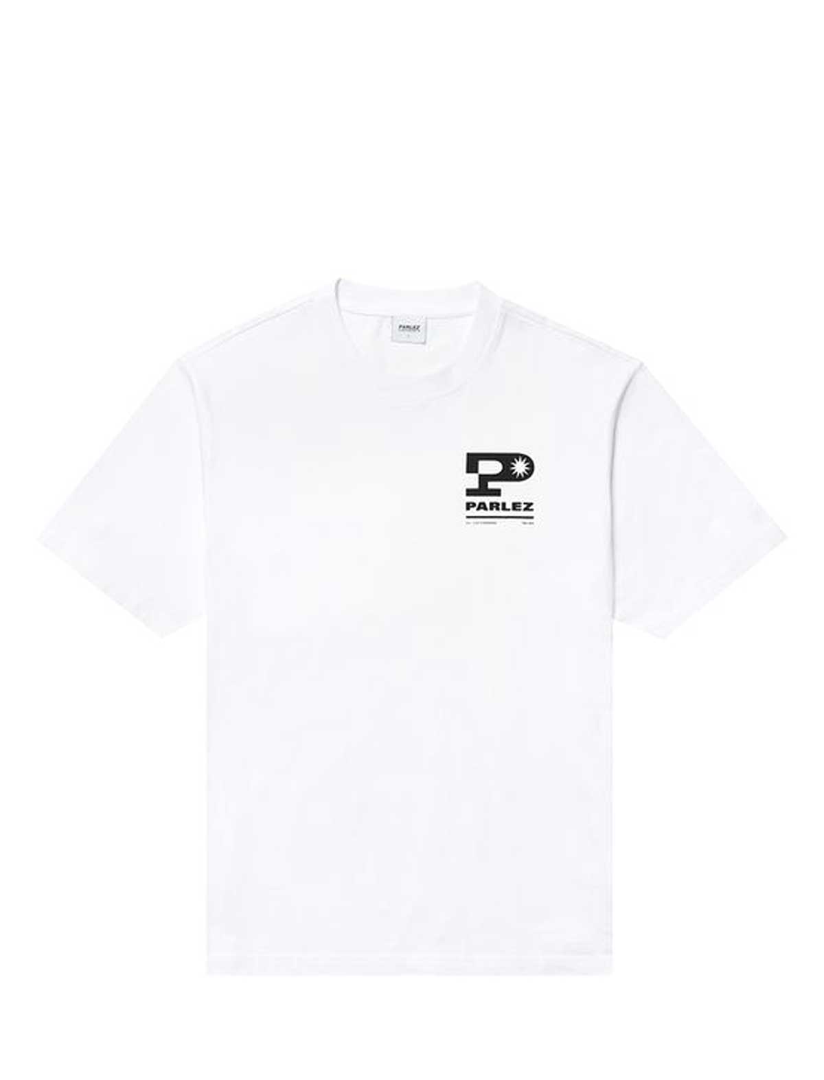 parlez complex White t-shirt with a black logo on a white background