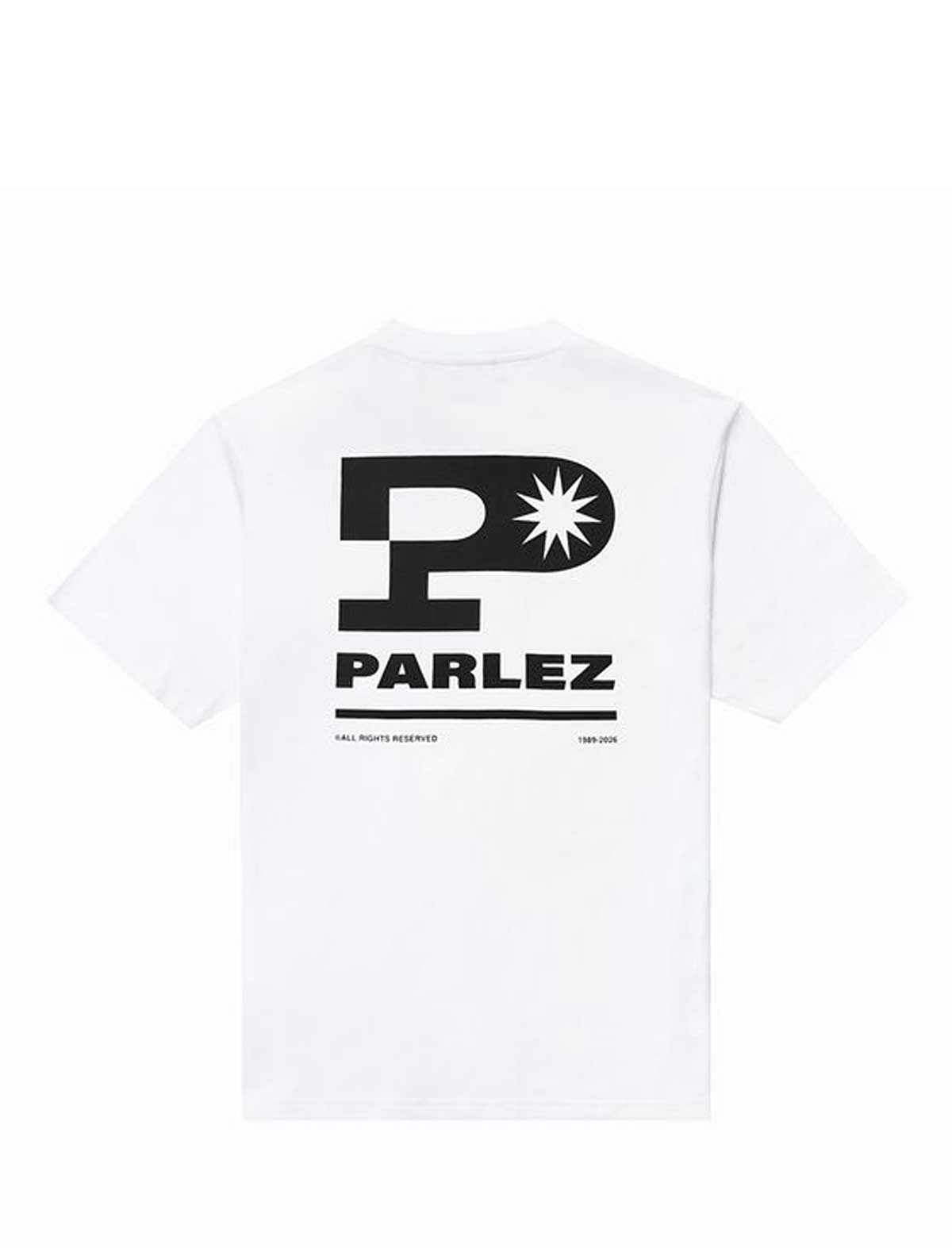 parlez complex White t-shirt with black 'Parlez' logo on a white background