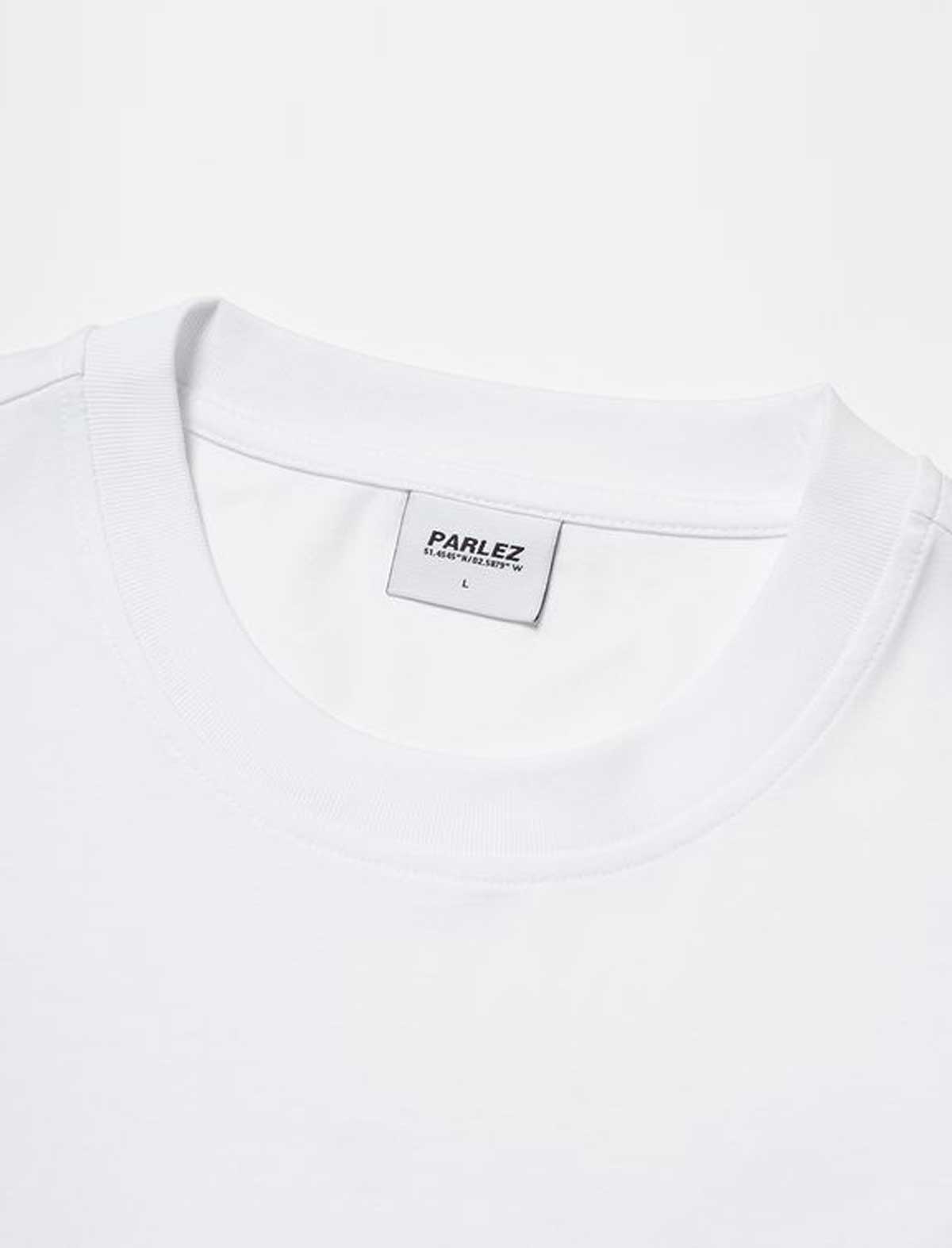 White t-shirt with a visible brand label on a white background