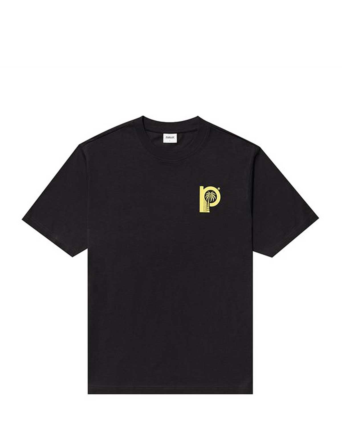 parlez delray Black t-shirt with a yellow logo on a white background