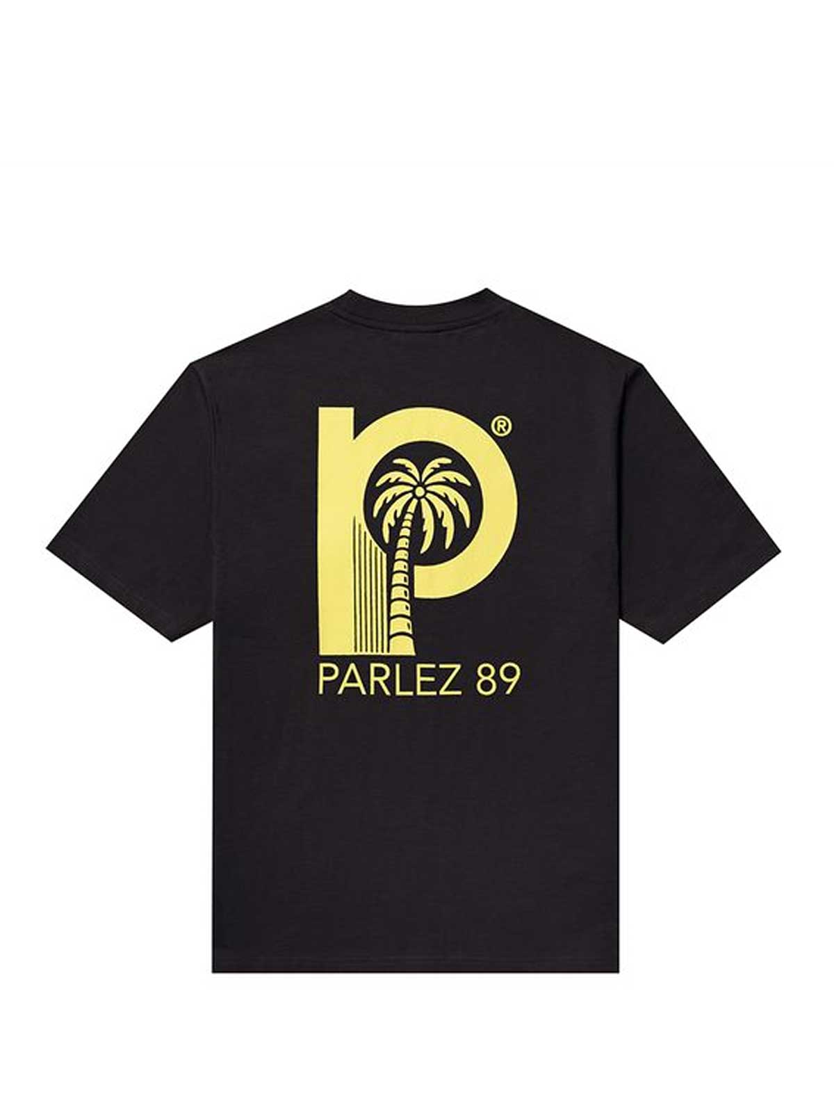 parlez delray Black t-shirt with yellow logo and text on a white background