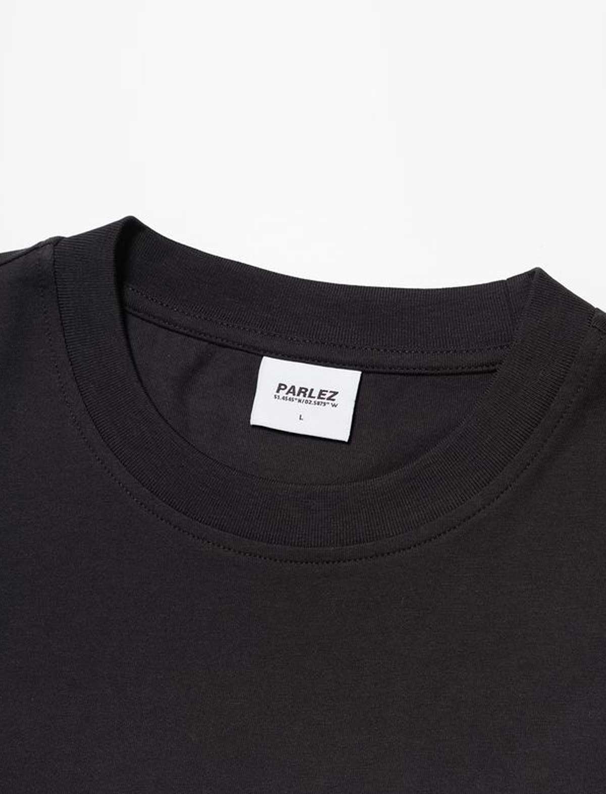 parlez Black t-shirt with a visible Parlez label on a white background